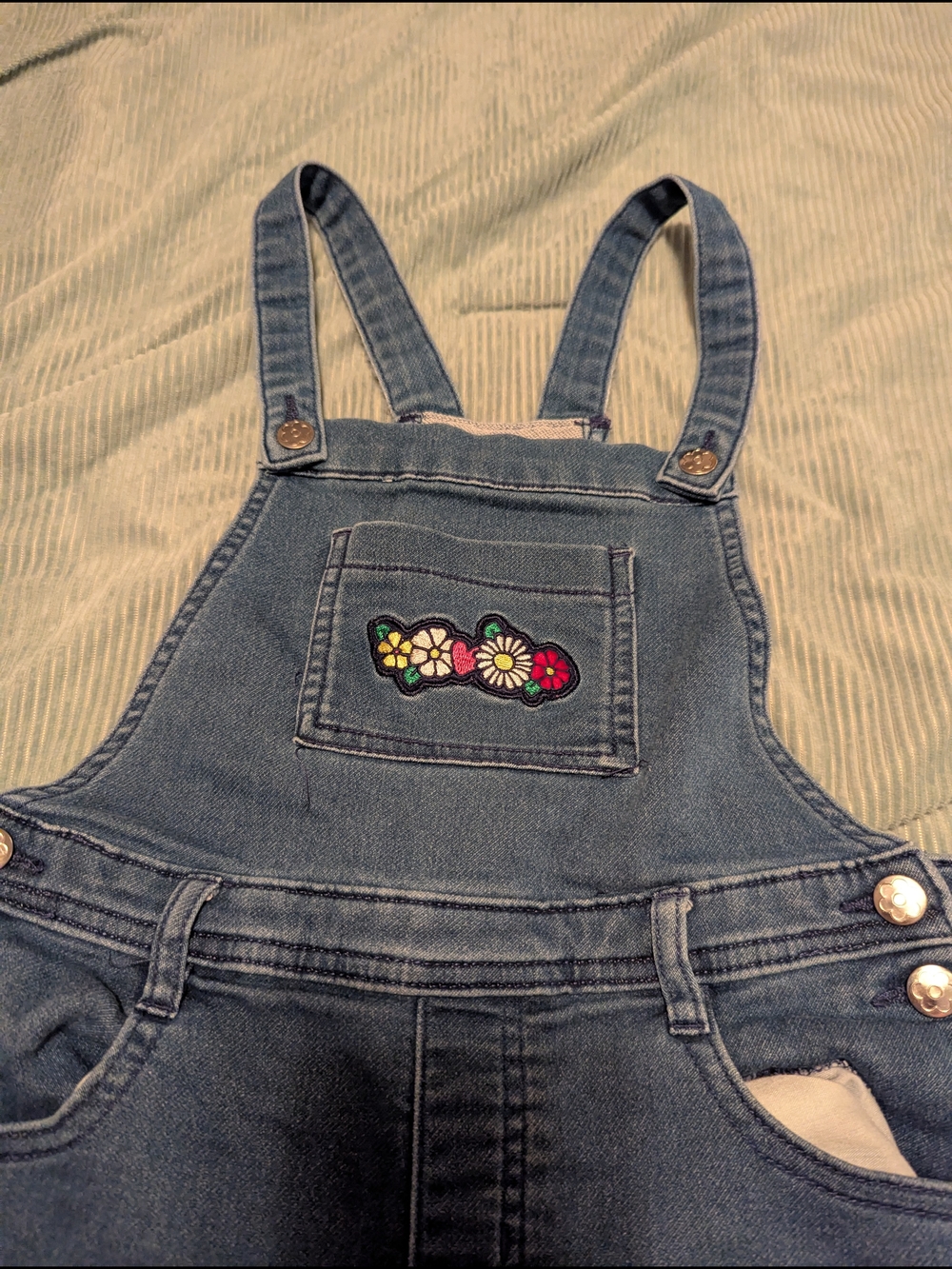 Denim Floral Patch Kids Overalls - Blue